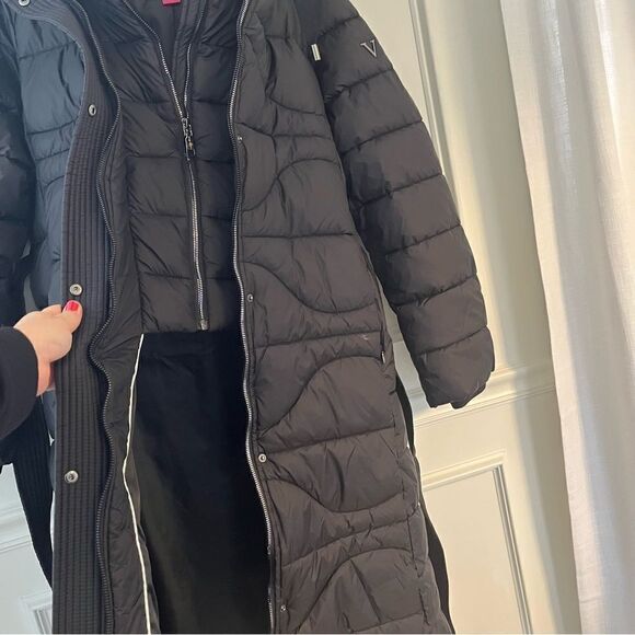 $450 Vince Camuto Onion Belted Long Puffer Coat with Hood, Black in Large, NWT - Picture 8 of 14